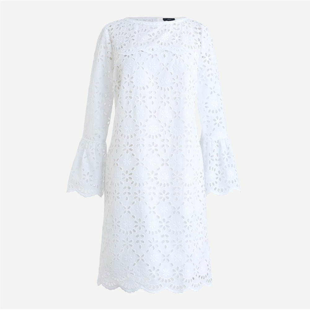 J Crew Embroidered Eyelet White Bell Sleeve Dress Size 8